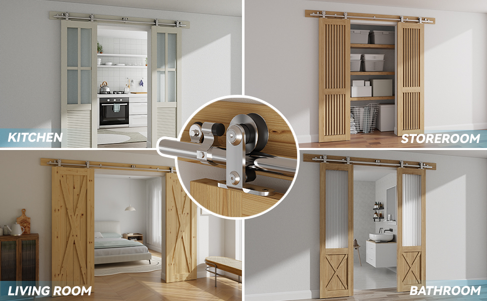 Der Text lautet „KÜCHE, ABSTELLRAUM, WOHNZIMMER, BADEZIMMER“. Zusammengesetztes Bild, das Schiebetürinstallationen in verschiedenen Räumen zeigt, mit kreisförmigen Details der Türbeschläge