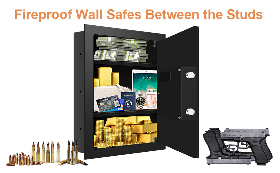 Electronic Flat Wall Safes Between the Studs Fireproof with Numeric Keypad and Keys, Hidden Wall
