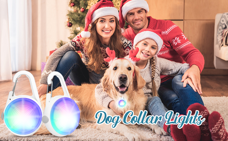 Two spherical, illuminated dog collar lights in blue and pink. Text 'Dog Collar Lights' overlaid on image of family with dog and Christmas decor.