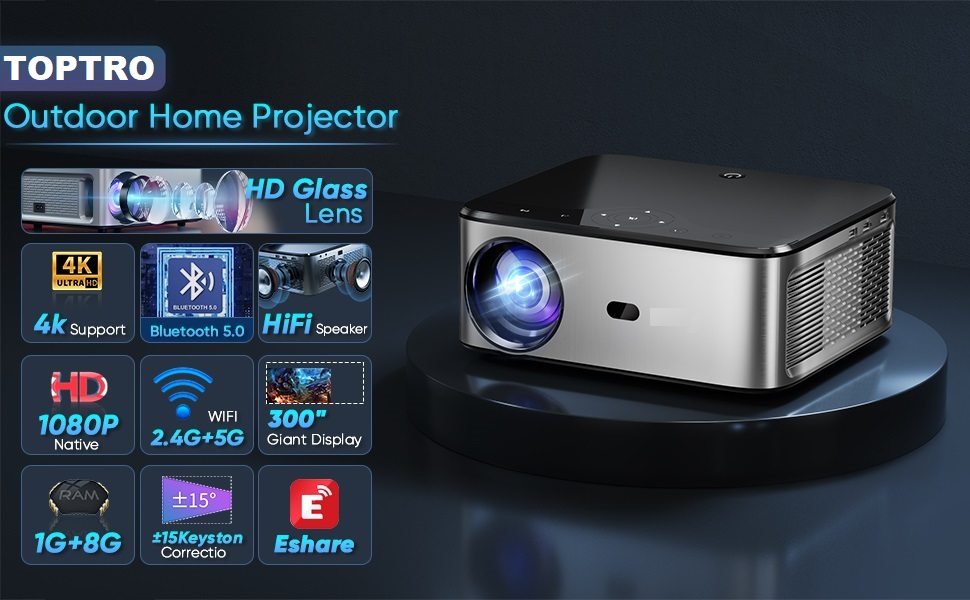 TOPTRO Full HD Projector HQ3 Max Android 9.0 Projector for Home 4K 10,000 Lumens WiFi Bluetooth