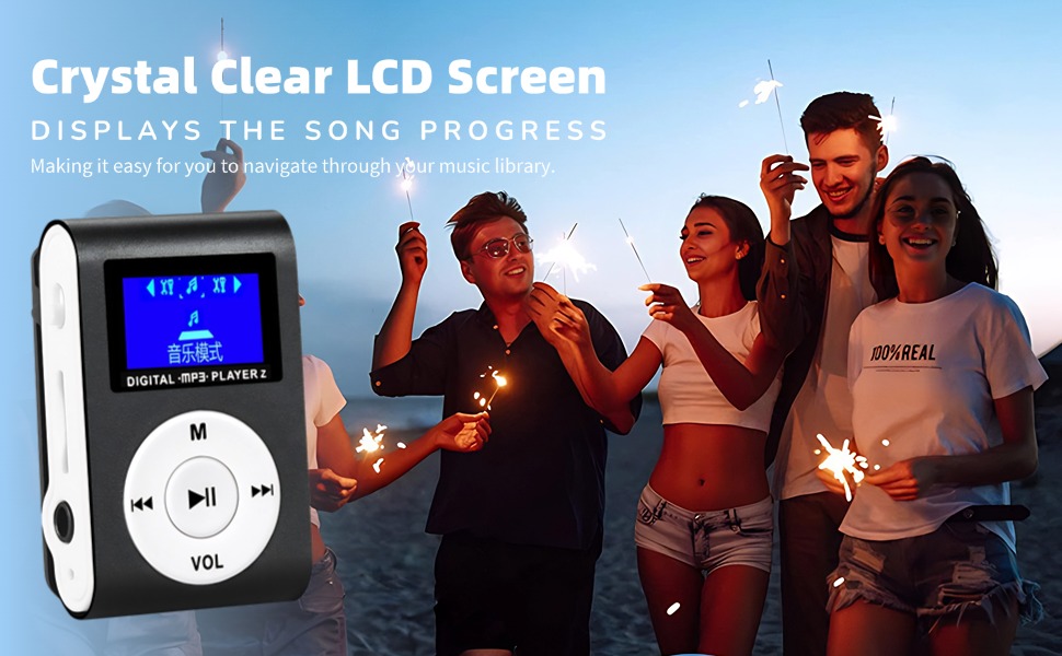 Text reads 'Crystal Clear LCD Screen' and 'DISPLAYS THE SONG PROGRESS'. Shows MP3 player with LCD display alongside beach scene with sparklers at night.