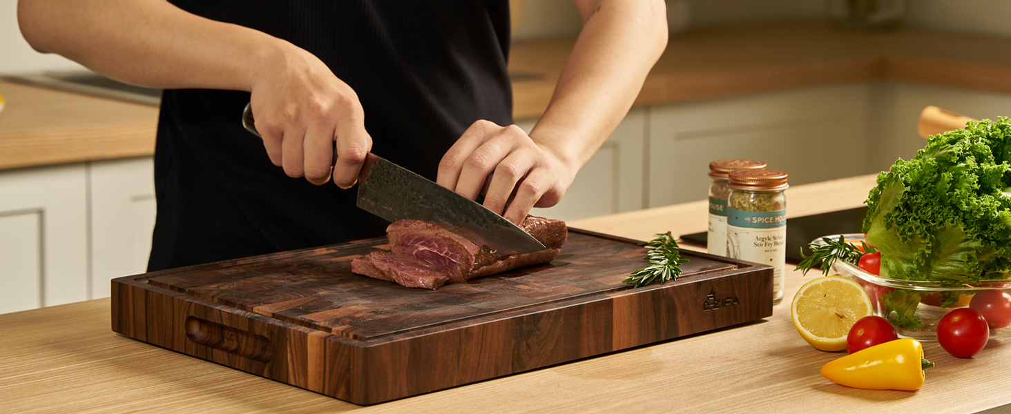 end grain walnut cutting board meat