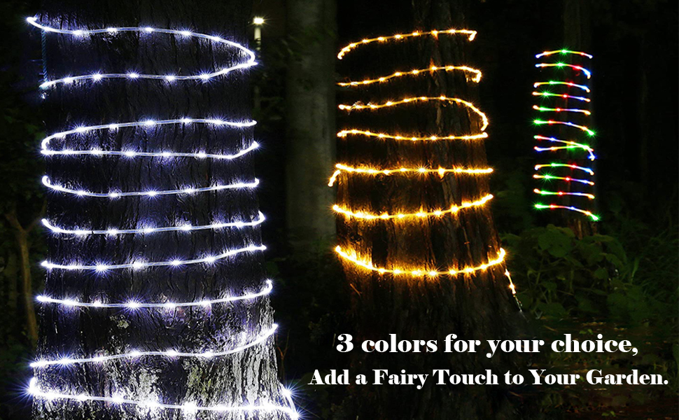 Solar Rope String Lights Outdoor 33ft 100 LEDs Copper Wire Lights