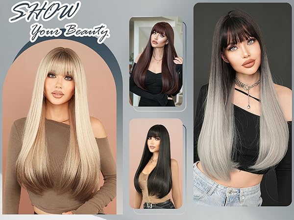 Amazon.com : 7JHH WIGS Long Straight Wig with Bangs 28in Ash