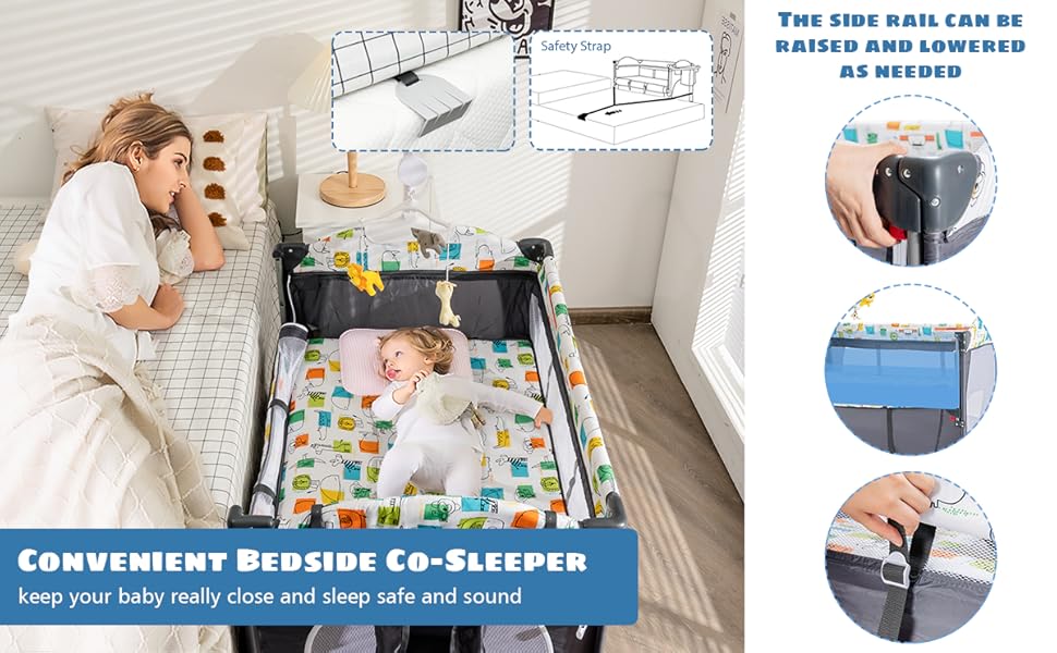 DREAMADE 5 In 1 Lettino Neonato, Culla Da Campeggio Con Fasciatoio E Giocattolo Appeso, Altezza Regolabile In 4 Livelli, Vassoio Portaoggetti, Adatto A Bambini Da 0 A 36 Mesi (Grigio) 13 02