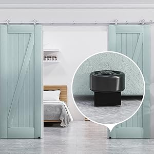 Bedroom with light blue sliding barn doors. Inset shows a circular black device, possibly an air purifier or speaker, on the floor.