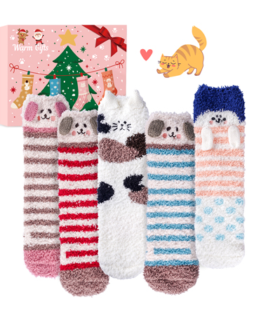 Ladies Fluffy Dog Socks Womens Girls Cosy Fuzzy Warm Thermal Bed Cat Socks 4-7