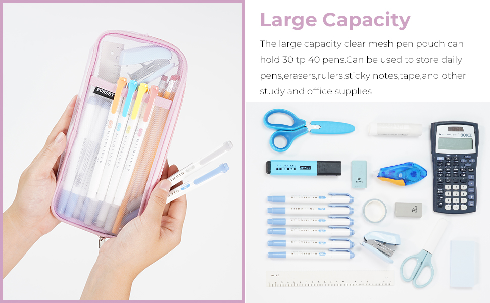 ECHSRT Mesh Pencil Case for Girls With Zipper, Grid Clear