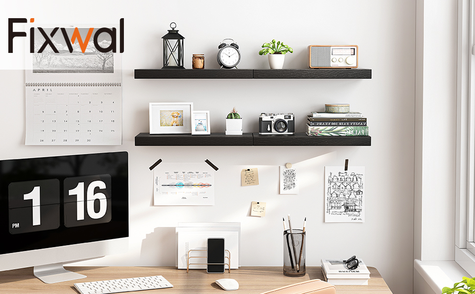 Fixwal Floating Shelves, Set of 4 Black Wood Shelves, Wall