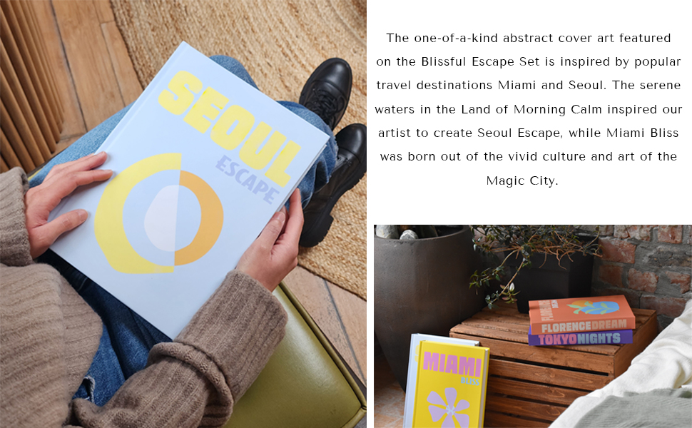 Abstract cover art on decorative books inspired by nature of Seoul and vibrant culture of Miami