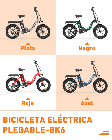 Bicicletas eléctricas plegables en cuatro colores: plateado, negro, rojo y azul. Diseño compacto con neumáticos gruesos, cremallera trasera y marco escalonado.