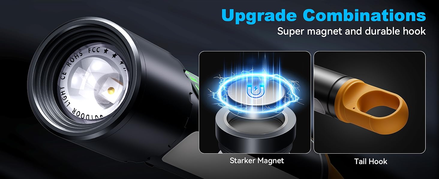 Flashlight upgrade features: LED lens, super magnet base, and durable tail hook. Image shows close-ups of each component with blue highlighting for the magnet's strength.