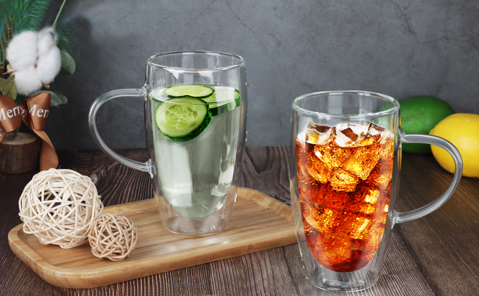 2 Pack Double Walled Coffee Mug, Glass Mugs for Hot Drinks with Handles