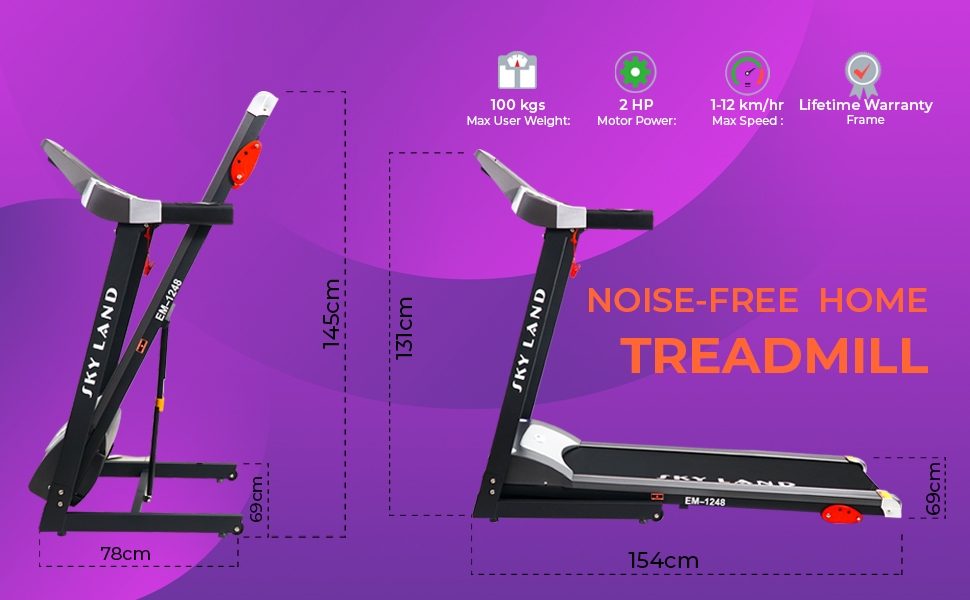 SKY LAND Foldable Treadmill w/Rated Power 2HP upto 4HP Peak Motor