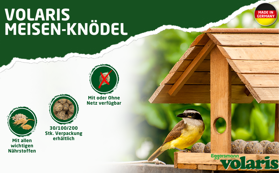 Volaris Meisen-Knödel Vogelfutterpaket mit einem kleinen Vogel an einem Futterhäuschen aus Holz. Produktdetails werden in deutscher Sprache angezeigt.