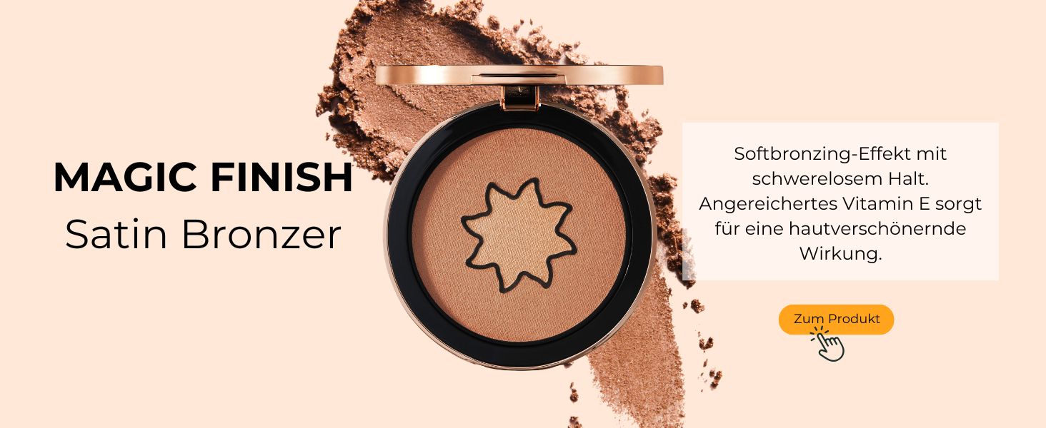 Magic Finish Satin Bronzer Kompaktpuder mit sternförmigem Muster auf der Oberfläche. Ein Muster des Bronzers ist neben dem Produkt abgebildet