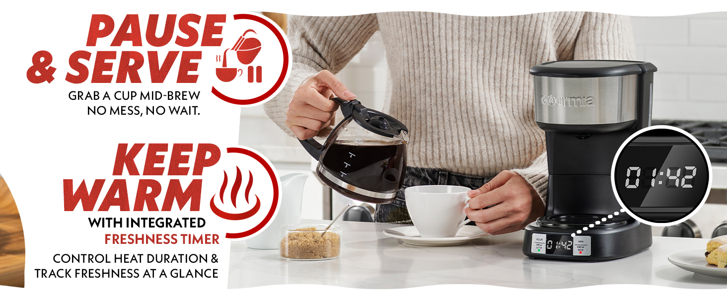 pause and serve grab a cup mid brew no mess no wait keep warm integrated freshness timer control