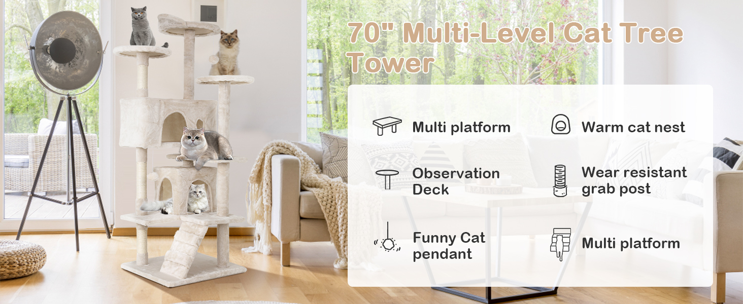 70'' Tall Cat Tree for Indoor Cats, MultiLevel Cat