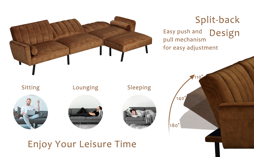 DURASPACE Velvet Sectional Convertible Sofa with Chaise