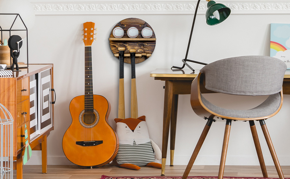 Wall Mounted Rustic Burnt Solid Wood Baseball Bat Hanger and Ball Display Shelf