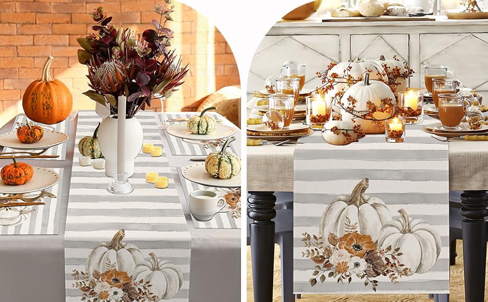 Fall Table Runner 13x72 Inch,Pumpkins with Flowers Grey