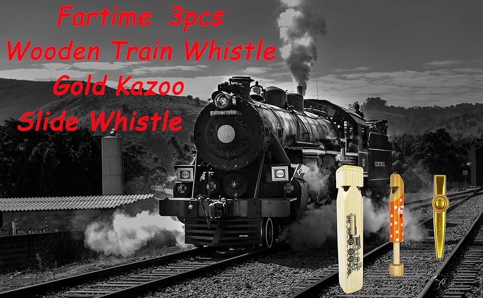 Fartime 3PCS—Wooden Train Whistle,Wooden Slide Whistle and Gold Aluminum Alloy Kazoo for Music Gifts