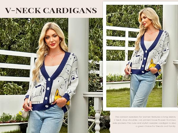 Arssm Cat Sweater for Women Oversized Button Down V Neck