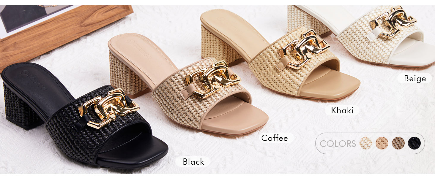 Womens Raffia Slide Sandals Chunky Block Heeled Open Toe Metal Chain Slip on Mules Dress Shoes