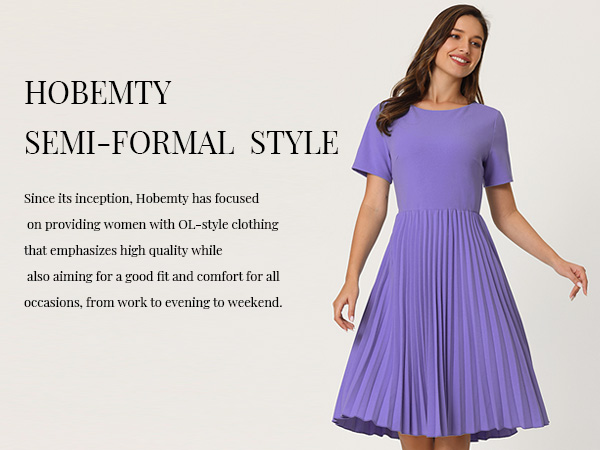Hobemty Women's Pleated Dresses Work Fit and Flare Midi