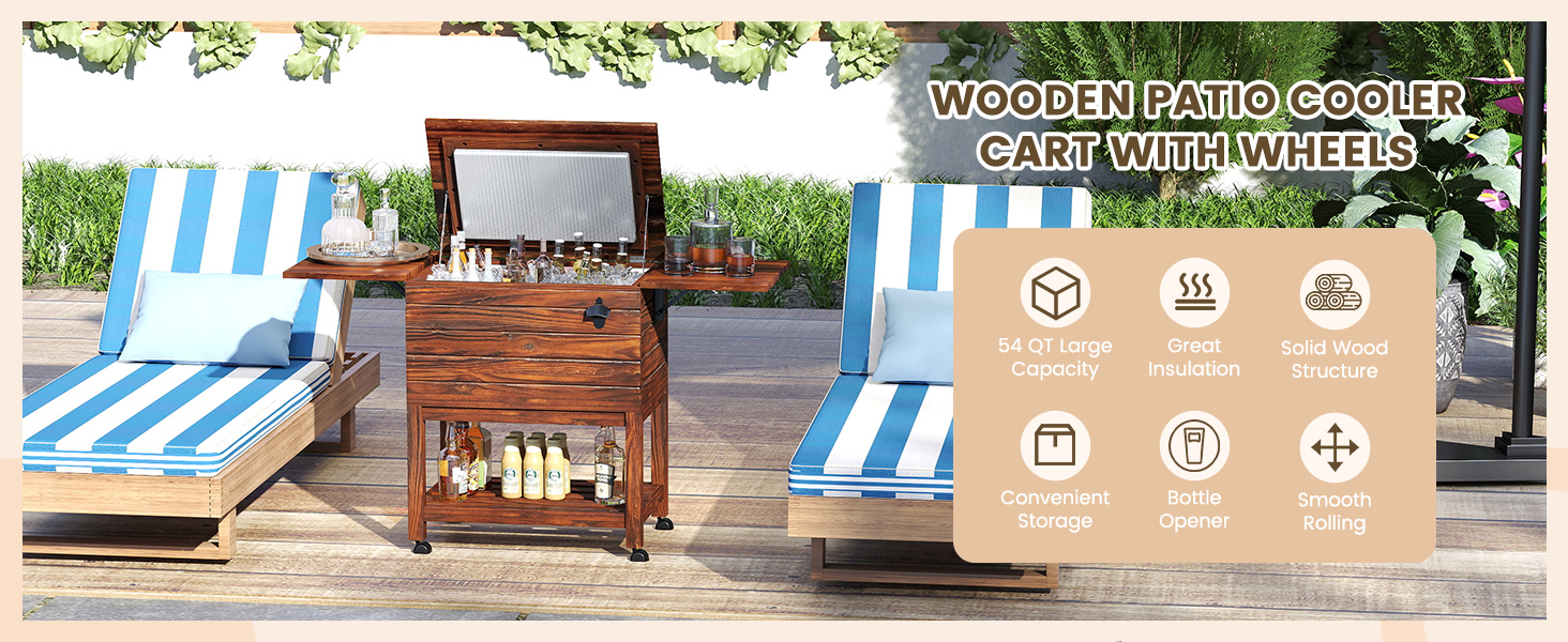 54QT Wooden Patio Cooler Cart
