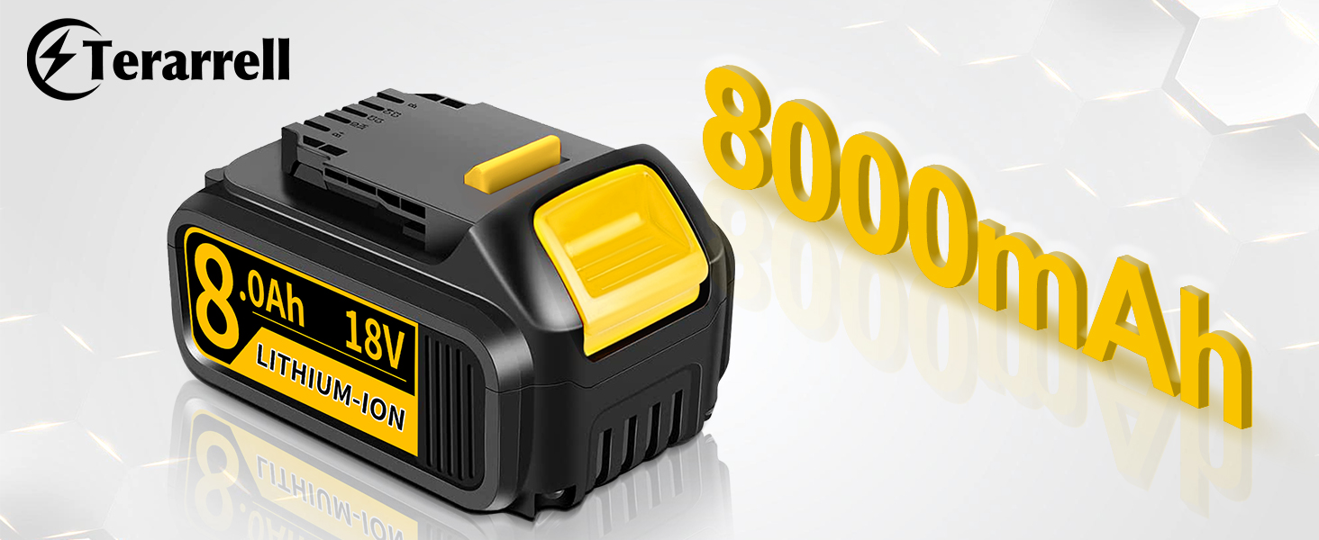 Black and yellow 18V lithium-ion battery pack with 8.0Ah capacity. Terarrell brand logo visible. Large '8000mAh' text displayed prominently.