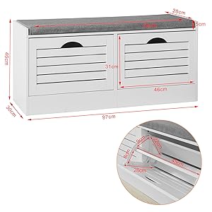 SoBuy FSR62-W Sitzkommode Schuhkipper Mit Sitzfläche Schuhtruhe 2 Klappen Mit Schuhfach Landhausstil Weiß BHT Ca.: 97x46x30cm 16 1