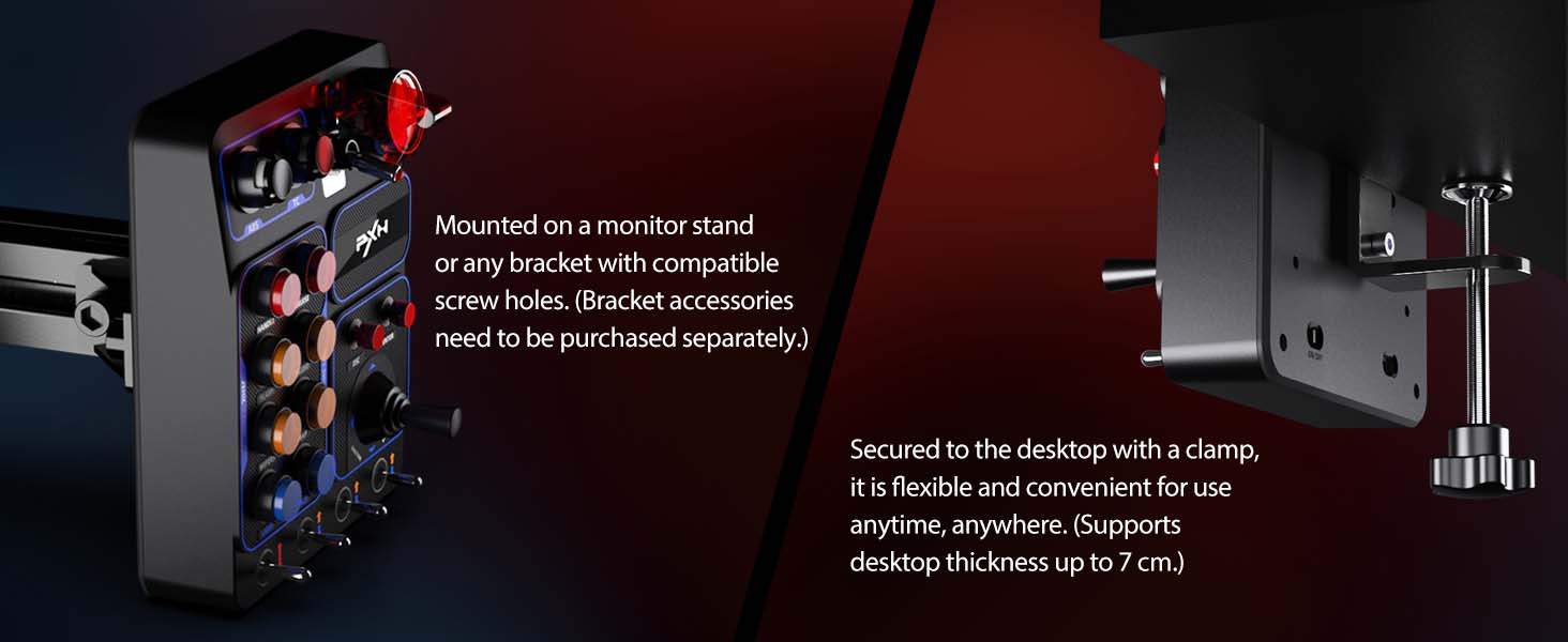 Multi-compartment organizer for small tools or accessories. Black metal construction with red interior. Shown mounted on a stand and secured to a desktop with a clamp.