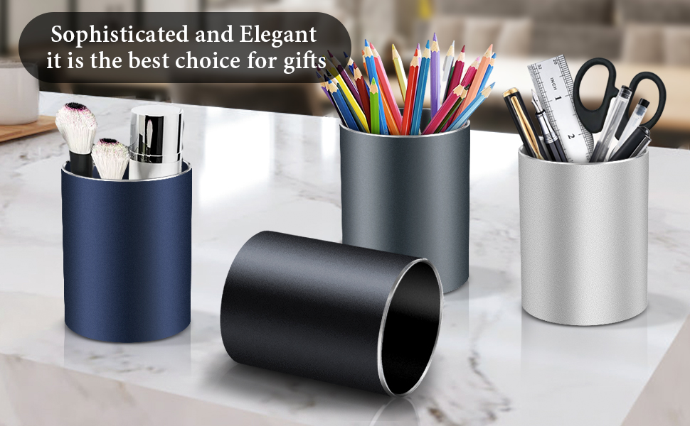 Metal Pen Holder for Desk Round Aluminum Desktop