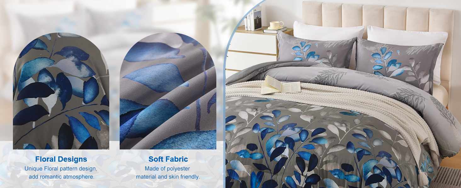 Dark Grey Comforter Set Queen Blue Botanical Leaves Comforter 3 Pieces Floral Bedding Sets