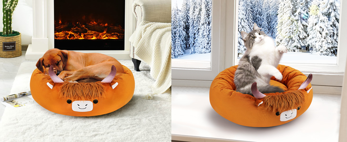 Heated pet bed plush highland cow