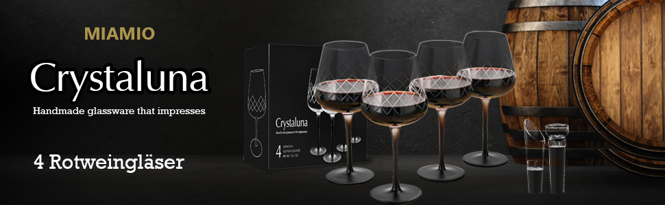 Set 4 Pahare vin rosu, Crystaluna, cu picior negru elegant, sticla transparenta, 480ml, dop si aerator pentru vin inclus