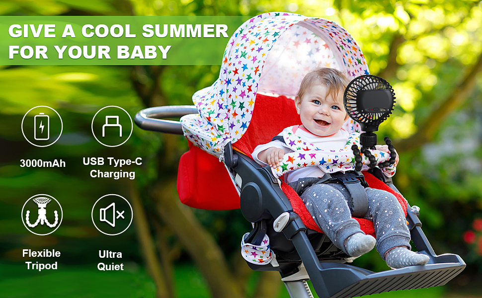 JustBest Stroller Fan, Flexible Tripod Clip On Baby Fan