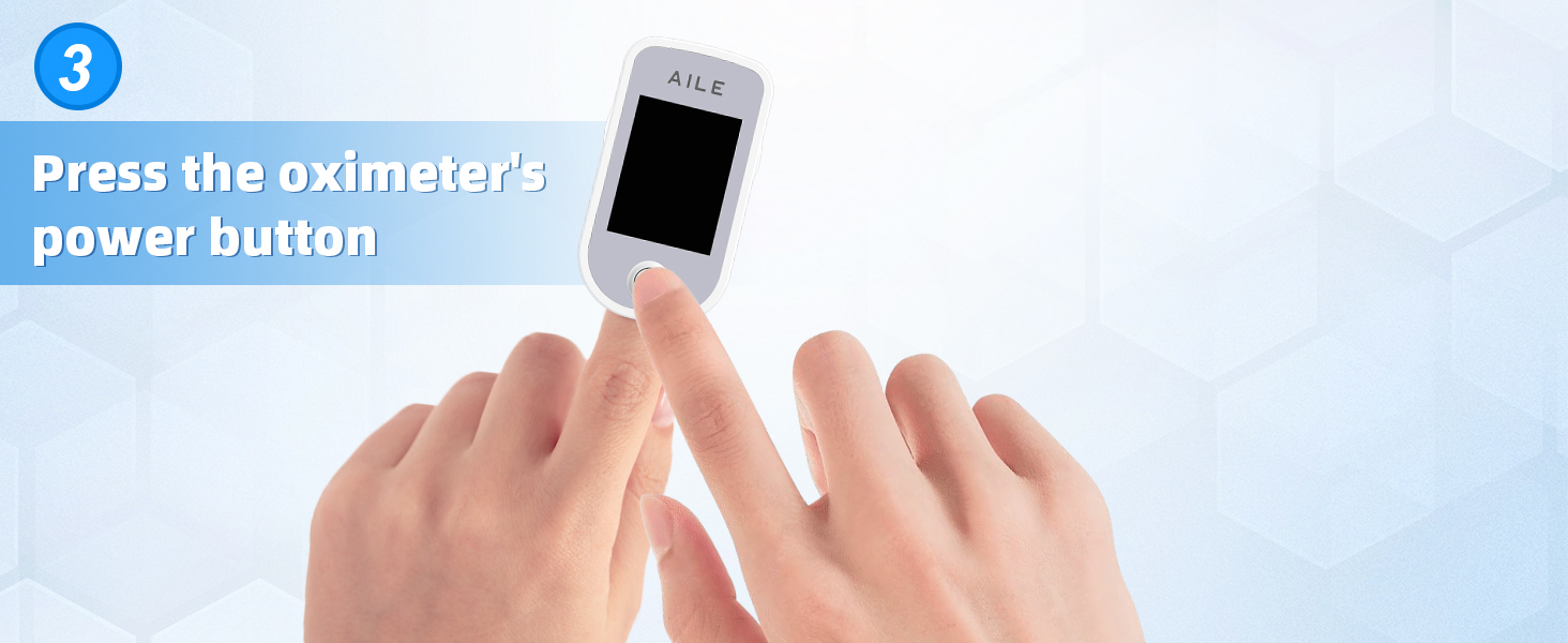 Instructional image showing oximeter power button being pressed, with step number 3 indicator in top corner.