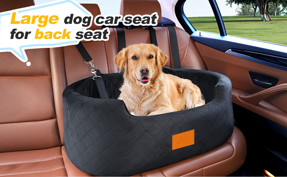 Large black car seat bed for dogs shown installed on brown leather back seat, featuring a golden retriever demonstrating product use.