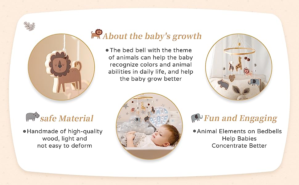 Infografik über die Funktionen von Baby-Handys: Tiermotiv für Wachstum, sichere Materialien und ansprechende Elemente, die Babys helfen, sich besser zu konzentrieren