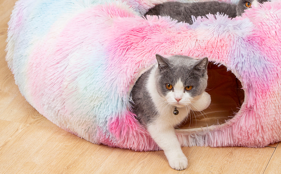 LUCKITTY Warm Fluffy Plush Cat Dog Tunnel Bed with Washable CushionBig Tube