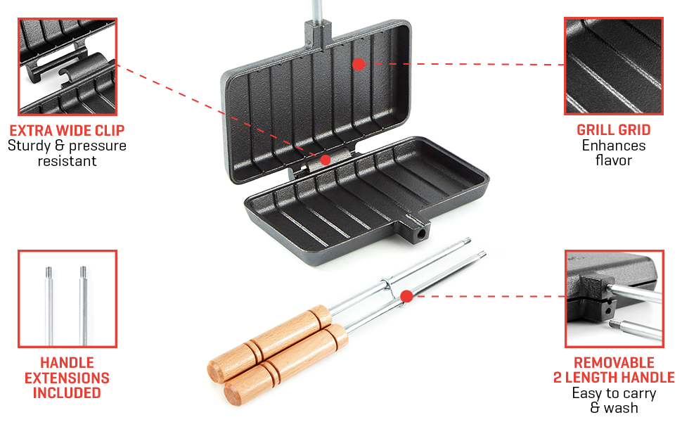 Uno Casa Pie Iron with extendable handles, Cast Iron Pie Iron for Camping and Cooking