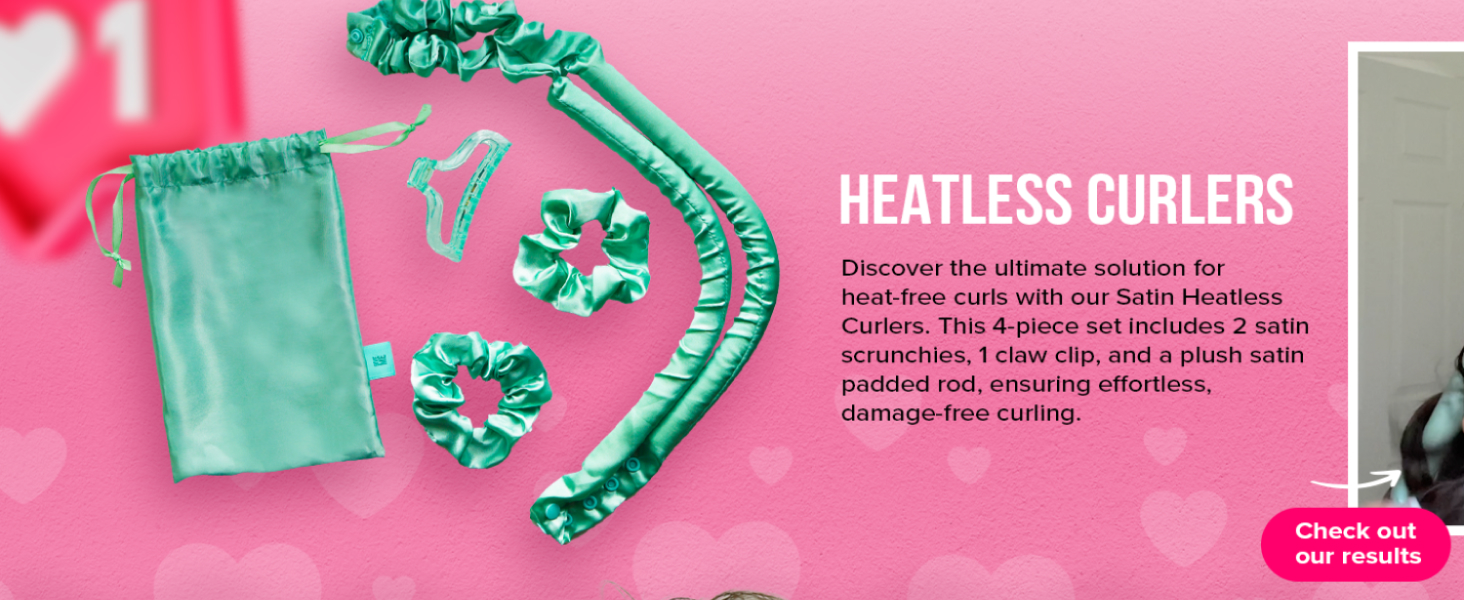 Mint green heatless curling set featuring satin-covered foam curlers with matching scrunchies and storage bag against pink background. Product promises damage-free styling.