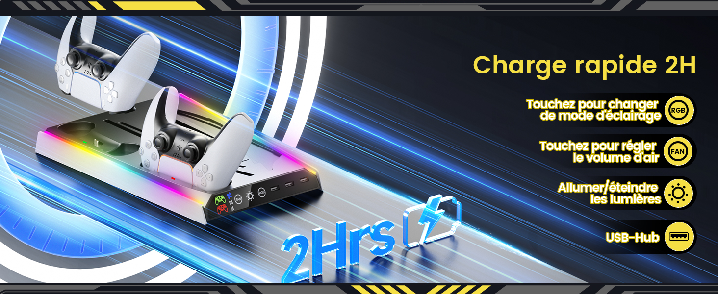 avec éclairage RGB sur les oreillettes. Comprend une recharge rapide en 2 heures, des commandes tactiles et un hub USB. Affiché sur une surface réfléchissante avec des effets de lumière bleue.