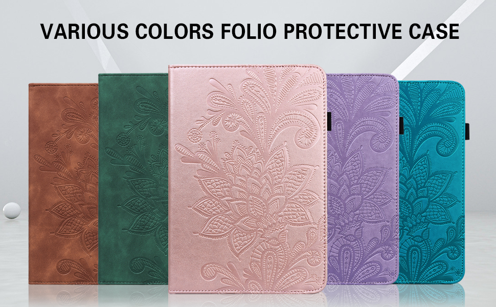 Various colors of folio protective cases with embossed floral designs, including brown, green, pink, purple, and teal options.