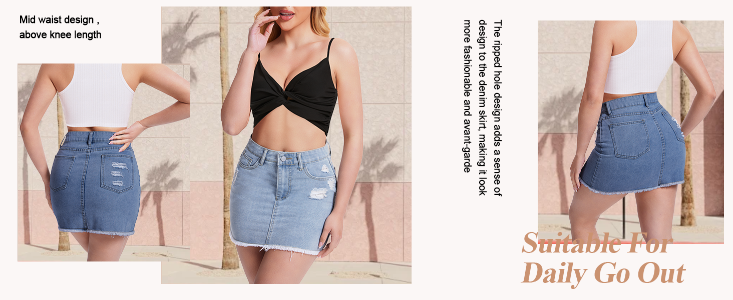 Womens Mini Denim Skirt Casual Ripped Mid Waist Jeans Skirts for Women Frayed Raw Hem Denim Skirts