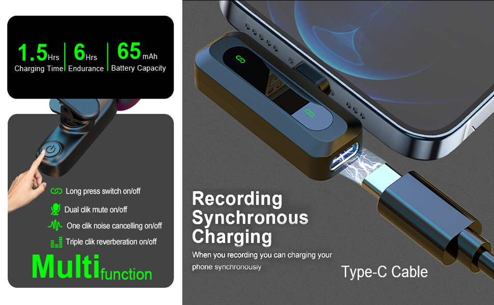 Multifunktionales Typ-C-Kabelgerät mit Aufnahme- und Ladefunktionen. Verfügt über 1,5 Stunden Ladezeit, 6 Stunden Ausdauer und 65 mAh Akkukapazität. Beinhaltet einen langen Druckschalter und Dual-Clip-Stummschaltungsfunktionen.