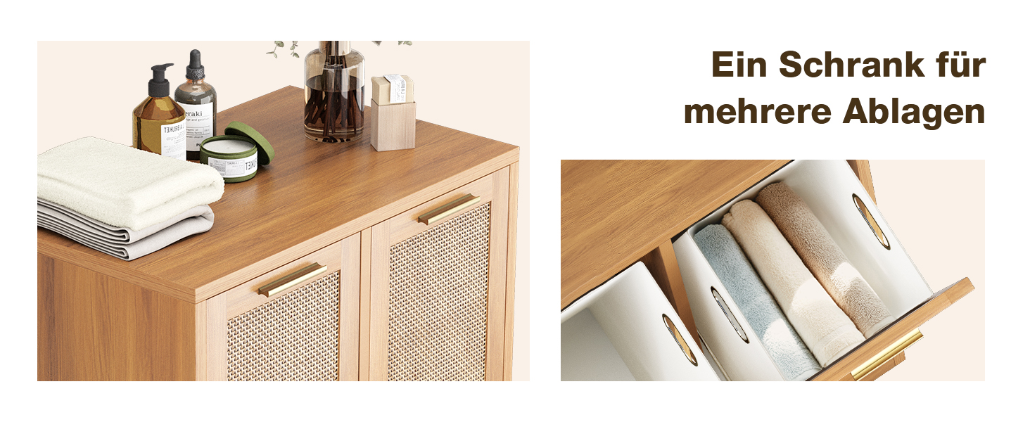 Holzschrank mit Rattantüren, auf dessen Oberseite Pflegeprodukte aufbewahrt werden. Das nebenstehende Bild zeigt eine offene Schublade mit gerollten Handtüchern, was die Lagerkapazität für mehrere Gegenstände zeigt