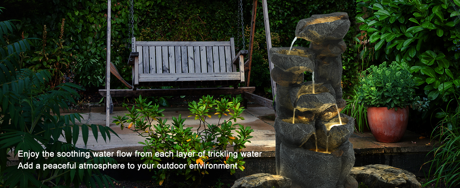 GIODIR 6Tiers Cascading Outdoor Water Fountain with 6 LED